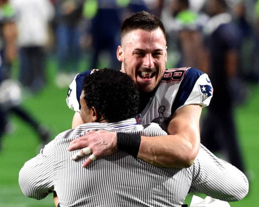 Feb. 1, 2015 - Glendale, Arizona, U.S - New England Patriots wide receiver, DANNY AMENDOLA, who scored one of the teams touchdowns hugs coach after winning Super Bowl XLIX. The Patriots defeated the Seahawks 28-24. Copyright: xDickxDruckmanx