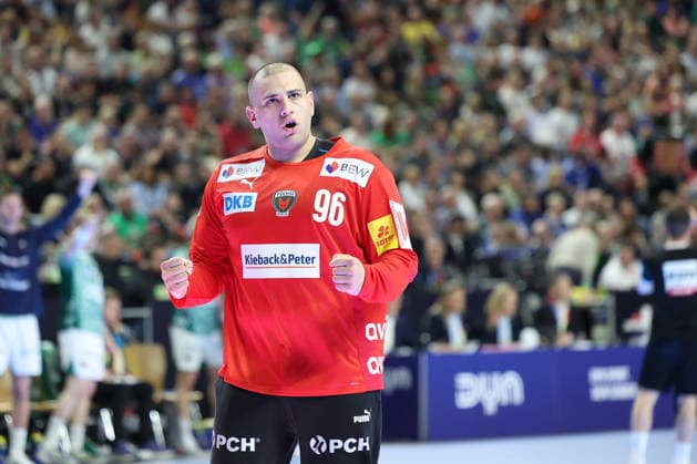 GER, Lanxess Arena Koeln, HBL, LIDL FINAL4, Men, 1. Halbfinale: TVB Lemgo Lippe vs. Fuechse Berlin 18.04.2026, Lanxess Arena , Koeln , GER, Lanxess Arena Koeln, HBL, LIDL FINAL4, Men, 1. Halbfinale: TVB Lemgo Lippe vs. Fuechse Berlin, im Bild: Dejan Milosavljev Torwart (Fuechse Berlin 96), freut sich