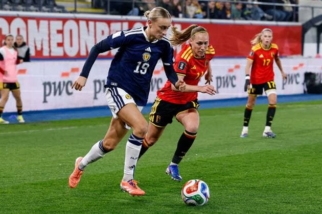 Lauren Davidson of Scotland Women runs with the ball Belgium Women v Scotland Women, FIFA 2027 Women s World Cup Qualifying, Football, The King Power At Den Dreef Stadium, Leuven, Belgium - 18 Apr 2026Leuven The King Power At Den Dreef Stad Belgium EDITORIAL USE ONLY No use with unauthorised audio, video, data, fixture lists, club league logos or live services. Online in-match use limited to 120 images, no video emulation. No use in betting, games or single club league player publications. Copyright: xMauricexvanxSteen Shutterstockx 16832024x