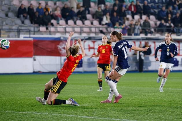 Kathleen McGovern of Scotland Women shoots at goal Belgium Women v Scotland Women, FIFA 2027 Women s World Cup Qualifying, Football, The King Power At Den Dreef Stadium, Leuven, Belgium - 18 Apr 2026Leuven The King Power At Den Dreef Stad Belgium EDITORIAL USE ONLY No use with unauthorised audio, video, data, fixture lists, club league logos or live services. Online in-match use limited to 120 images, no video emulation. No use in betting, games or single club league player publications. Copyright: xMauricexvanxSteen Shutterstockx 16832024ag