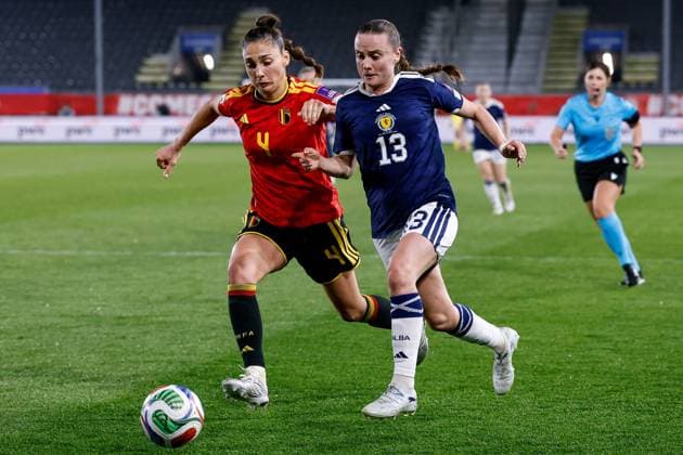 Kirsty Howat of Scotland Women and Amber Tysiak of Belgium Women chase after the ball Belgium Women v Scotland Women, FIFA 2027 Women s World Cup Qualifying, Football, The King Power At Den Dreef Stadium, Leuven, Belgium - 18 Apr 2026Leuven The King Power At Den Dreef Stad Belgium EDITORIAL USE ONLY No use with unauthorised audio, video, data, fixture lists, club league logos or live services. Online in-match use limited to 120 images, no video emulation. No use in betting, games or single club league player publications. Copyright: xMauricexvanxSteen Shutterstockx 16832024bn