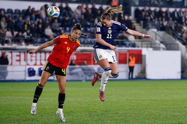 Kathleen McGovern of Scotland Women heads towards goal Belgium Women v Scotland Women, FIFA 2027 Women s World Cup Qualifying, Football, The King Power At Den Dreef Stadium, Leuven, Belgium - 18 Apr 2026Leuven The King Power At Den Dreef Stad Belgium EDITORIAL USE ONLY No use with unauthorised audio, video, data, fixture lists, club league logos or live services. Online in-match use limited to 120 images, no video emulation. No use in betting, games or single club league player publications. Copyright: xMauricexvanxSteen Shutterstockx 16832024bj