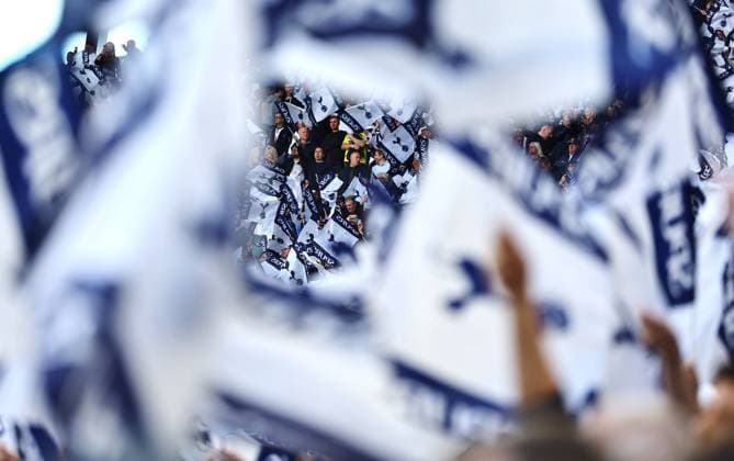 Fans of Tottenham Hotspur wave flags Tottenham Hotspur v Brighton and Hove Albion, Premier League, Football, Tottenham Hotspur Stadium, London, UK - 18 Apr 2026London Tottenham Hotspur Stadium United Kingdom EDITORIAL USE ONLY No use with unauthorised audio, video, data, fixture lists, club league logos or live services. Online in-match use limited to 120 images, no video emulation. No use in betting, games or single club league player publications. Copyright: xMichaelxZemanek Shutterstockx 16832172ex