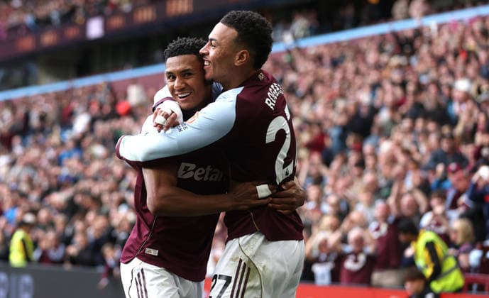 Morgan Rogers of Aston Villa celebrates scoring a goal to make the score 3-1 with Ollie Watkins Aston Villa v Sunderland, Premier League, Football, Villa Park, Birmingham, UK - 19 Apr 2026Birmingham Villa Park United Kingdom EDITORIAL USE ONLY No use with unauthorised audio, video, data, fixture lists, club league logos or live services. Online in-match use limited to 120 images, no video emulation. No use in betting, games or single club league player publications. Copyright: xKieranxMcManus Shutterstockx 16832205az
