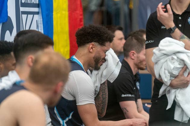 Enttaeuschung auf der Bank von CSO Voluntari nach dem verlorenen Spiel um Platz 3 GER, Syntainics MBC vs. CSO Voluntari, Basketball, European North Basketball League, Spiel um Platz 3, Saison 2025 2026, 23.04.2026 GER, Syntainics MBC vs. CSO Voluntari, Basketball, European North Basketball League, Spiel um Platz 3, Saison 2025 2026, 23.04.2026 Weissenfels Copyright: xEibner-Pressefoto PiaxSchindlerx EP_PSR