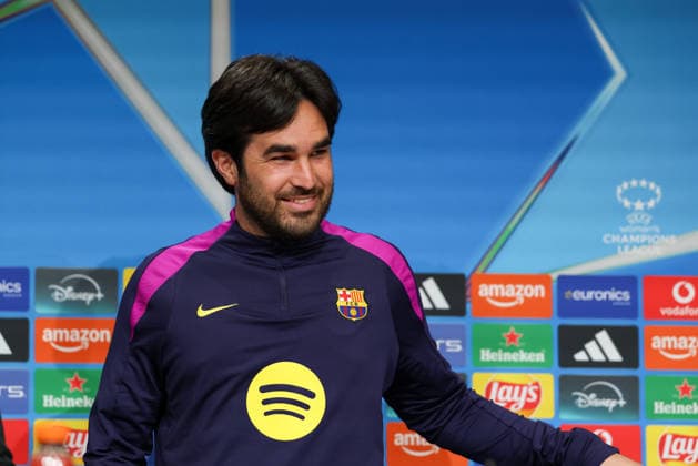 Pere Romeu FC Barcelona, Barca Chef-Trainer) bei der Pressekonferenz, GER, Internationale Pressekonferenz, FC Barcelona, Fussball, UEFA Womens Champions League, Halbfinale, Hinspiel, Saison 2025 2026, 24.04.2026, GER, Internationale Pressekonferenz, FC Barcelona, Fussball, UEFA Womens Champions League, Halbfinale, Hinspiel, Saison 2025 2026, 24.04.2026 Muenchen Copyright: xEibner-Pressefoto JennixMaulx EP_JML