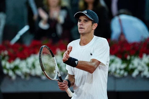 April 24, 2026, Madrid, Madrid, Spain: Rafael Jodar of Spain reacts after winning against Alex de Minaur of Australia during the Mutua Madrid Open 2026, ATP, Tennis Herren Masters 1000 and WTA, Tennis Damen 1000, at La Caja Magica on April 24, 2026 in Madrid, Spain. Madrid Spain - ZUMAa181 20260424_zaa_a181_523 Copyright: xOscarxJ.xBarrosox