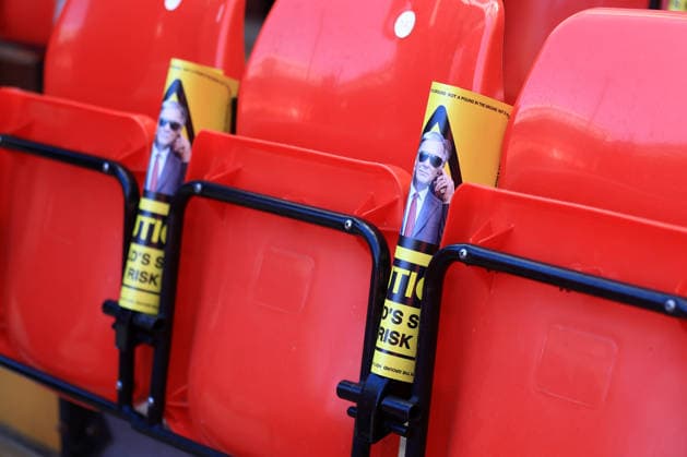 Liverpool, England, 25th April 2026. Banners are seen inside the stadium, Show FSG The Yellow Card in protest of the decision to increase ticket prices prior to the Liverpool vs Crystal Palace Premier League match at Anfield, Liverpool. Picture credit should read: Jessica Hornby Sportimage EDITORIAL USE ONLY. No use with unauthorised audio, video, data, fixture lists, club league logos or live services. Online in-match use limited to 120 images, no video emulation. No use in betting, games or single club league player publications. SPI_024_JH_LIVERPOOL_CRYSTAL_PALACE SPI-4733-0024