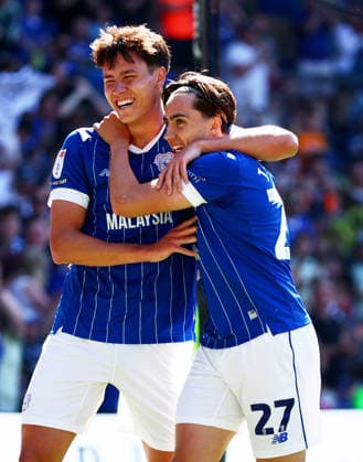 Joel Colwill of Cardiff City celebrates scoring a goal after making the score 2-0. Cardiff City v Northampton Town, EFL Sky Bet League One, Football, Cardiff City Stadium, Cardiff, UK - 25 Apr 2026Cardiff Cardiff City Stadium United Kingdom EDITORIAL USE ONLY No use with unauthorised audio, video, data, fixture lists, club league logos or live services. Online in-match use limited to 120 images, no video emulation. No use in betting, games or single club league player publications. Copyright: xJamesxMarsh Shutterstockx 16838783ac