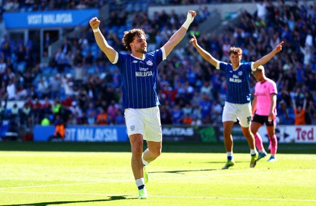 Ollie Tanner of Cardiff City celebrates scoring a goal after making the score 4-0. Cardiff City v Northampton Town, EFL Sky Bet League One, Football, Cardiff City Stadium, Cardiff, UK - 25 Apr 2026Cardiff Cardiff City Stadium United Kingdom EDITORIAL USE ONLY No use with unauthorised audio, video, data, fixture lists, club league logos or live services. Online in-match use limited to 120 images, no video emulation. No use in betting, games or single club league player publications. Copyright: xJamesxMarsh Shutterstockx 16838783ar