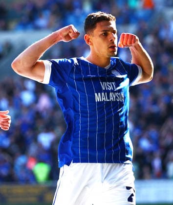 Yousef Salech of Cardiff City celebrates scoring a goal after making the score 5-1. Cardiff City v Northampton Town, EFL Sky Bet League One, Football, Cardiff City Stadium, Cardiff, UK - 25 Apr 2026Cardiff Cardiff City Stadium United Kingdom EDITORIAL USE ONLY No use with unauthorised audio, video, data, fixture lists, club league logos or live services. Online in-match use limited to 120 images, no video emulation. No use in betting, games or single club league player publications. Copyright: xJamesxMarsh Shutterstockx 16838783ay