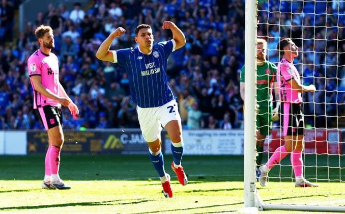 Yousef Salech of Cardiff City celebrates scoring a goal after making the score 5-1. Cardiff City v Northampton Town, EFL Sky Bet League One, Football, Cardiff City Stadium, Cardiff, UK - 25 Apr 2026Cardiff Cardiff City Stadium United Kingdom EDITORIAL USE ONLY No use with unauthorised audio, video, data, fixture lists, club league logos or live services. Online in-match use limited to 120 images, no video emulation. No use in betting, games or single club league player publications. Copyright: xJamesxMarsh Shutterstockx 16838783ba