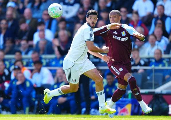 Raul Jimenez of Fulham battles with Ezri Konsa of Aston Villa Fulham v Aston Villa, Premier League, Football, Craven Cottage, London, UK - 25 Apr 2026London Craven Cottage United Kingdom EDITORIAL USE ONLY No use with unauthorised audio, video, data, fixture lists, club league logos or live services. Online in-match use limited to 120 images, no video emulation. No use in betting, games or single club league player publications. Copyright: xJavierxGarcia Shutterstockx 16838778ek