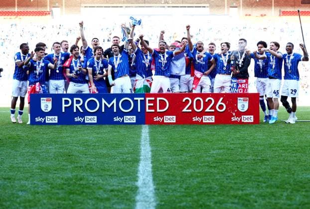 Cardiff City players celebrate being promoted to the Championship after finishing runners up in League One. Cardiff City v Northampton Town, EFL Sky Bet League One, Football, Cardiff City Stadium, Cardiff, UK - 25 Apr 2026Cardiff Cardiff City Stadium United Kingdom EDITORIAL USE ONLY No use with unauthorised audio, video, data, fixture lists, club league logos or live services. Online in-match use limited to 120 images, no video emulation. No use in betting, games or single club league player publications. Copyright: xJamesxMarsh Shutterstockx 16838783de