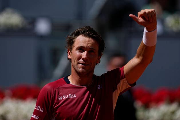 April 27, 2026, Madrid, Madrid, Spain: Casper Ruud of Norway reacts after winning against Alejandro Davidovich Fokina of Spain during the Mutua Madrid Open 2026, ATP, Tennis Herren Masters 1000 and WTA, Tennis Damen 1000, at La Caja Magica on April 27, 2026 in Madrid, Spain. Mutua Madrid Open 2026 - Day 8 - ZUMAa181 20260427_zaa_a181_066 Copyright: xOscarxJ.xBarrosox