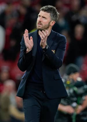 Manchester, England, 27th April 2026. Michael Carrick head coach of Manchester United, ManU applauds fans at full time following the Manchester United vs Brentford Premier League match at Old Trafford, Manchester. Picture credit should read: Andrew Yates Sportimage EDITORIAL USE ONLY. No use with unauthorised audio, video, data, fixture lists, club league logos or live services. Online in-match use limited to 120 images, no video emulation. No use in betting, games or single club league player publications. SPI_063_AY_MANCHESTER_UNITED_V_BRENTFORD SPI-4740-0063