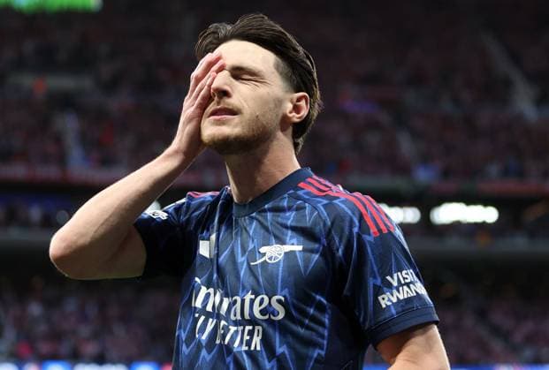 Declan Rice of Arsenal shows a look of dejection Atletico Madrid v Arsenal, UEFA Champions League, Semi Final, First Leg, Football, Riyadh Air Metropolitano, Madrid, Spain - 29 Apr 2026Madrid Riyadh Air Metropolitano Spain EDITORIAL USE ONLY No use with unauthorised audio, video, data, fixture lists, club league logos or live services. Online in-match use limited to 120 images, no video emulation. No use in betting, games or single club league player publications. Copyright: xKieranxMcManus Shutterstockx 16847970s