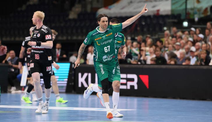 Leipzig, 30.04.2026, Arena Leipzig, Handball, Bundesliga, 30.Spieltag , SC DHfK Leipzig vs. HC Erlangen 30:29 , Im Bild; Leipzig jubelt. Dean Bombac ( 67, DHfK). , Nur zur redaktionellen Nutzung. Only editorial use. , DHB HBL regulations prohibit any use of photographs as image sequences and or quasi-video. ,