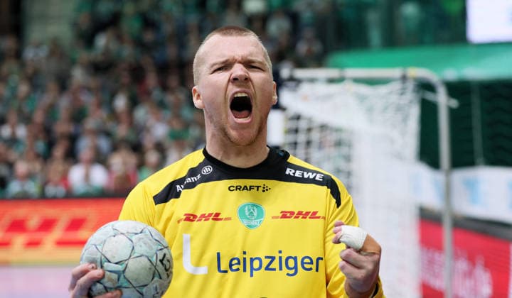 Leipzig, 30.04.2026, Arena Leipzig, Handball, Bundesliga, 30.Spieltag , SC DHfK Leipzig vs. HC Erlangen 30:29 , Im Bild; Leipzig jubelt. Torwart Tomas Mrkva (16, Leipzig). , Nur zur redaktionellen Nutzung. Only editorial use. , DHB HBL regulations prohibit any use of photographs as image sequences and or quasi-video. ,