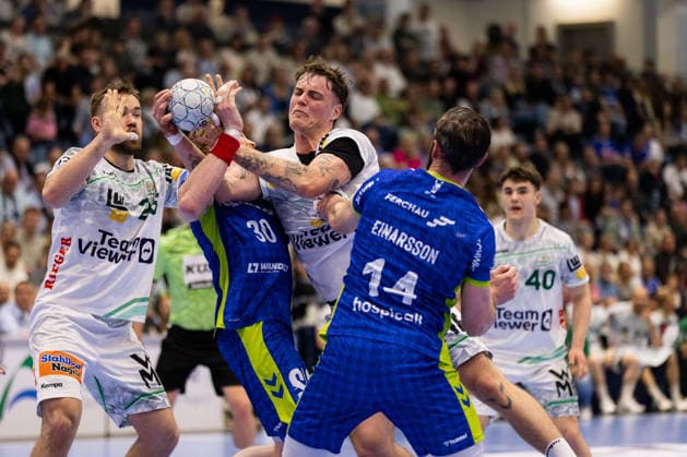 Victor KLOEVE (FRISCH AUF! Goeppingen, 07) setzt sich durch GER, VfL Gummersbach vs. FRISCH AUF! Goeppingen, Handball, Bundesliga, 30. Spieltag, Spielzeit 2025 2026, 30.04.2026, GER, VfL Gummersbach vs. FRISCH AUF! Goeppingen, Handball, Bundesliga, 30. Spieltag, Spielzeit 2025 2026, 30.04.2026, Gummersbach Copyright: xEibnerxPressefoto OliverxSchmidtx EP_OST