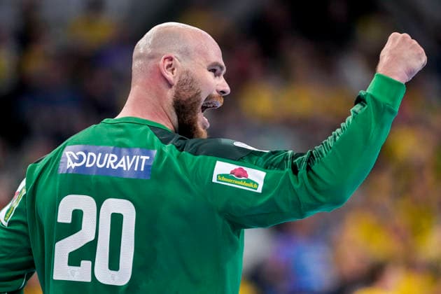 Mike Jensen (Torwart, RNL, 20), Spieler der Rhein-Neckar-Löwen, Einzelbild, Einzelfoto, Aktion, Action, Jubel, jubeln, jubelt, celebration, Freude, freuen, freut sich, zuversichtlich, optimistisch, positiv, Spielszene, 01.05.2026, Mannheim (Deutschland), Handball, Bundesliga, Rhein-Neckar Löwen - MT Melsungen