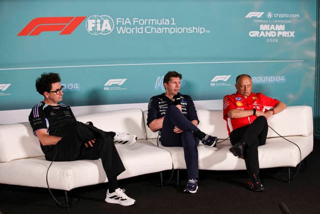 F1 - MIAMI GRAND PRIX 2026 BINOTTO Mattia (ita), Team Principal of Audi F1 Team, portrait VOWLES James, Team Principal of Williams F1 Team, portrait VASSEUR Frà dà ric (fra), Team Principal & General Manager of the Scuderia Ferrari, portrait press conference, PK, Pressekonferenz during the Formula 1 Miami Grand Prix 2026, 4th round of the 2026 Formula One World Championship, WM, Weltmeisterschaft from May 1 to 3, 2026 on the Miami International Autodrome, in Miami Gardens, USA - Miami GardensUnited States Copyright: xXavixBonillax