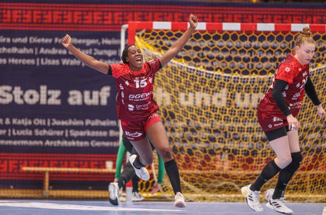 GER, Bensheim, HSG Bensheim Auerbach Flames vs Borussia Dortmund, Alsco Handball Bundesliga Frauen, Handball, DHB, Spielzeit 2025 2026, Weststadthalle Bensheim, Playoff Halbfinale, 2. Spiel im Bild: Ndidi Agwunedu (HSG Bensheim Auerbach Flames Frauen 15), Jubel, Freude und Emotionen nach dem Tor DFB DFL REGULATIONS PROHIBIT ANY USE OF PHOTOGRAPHS AS IMAGE SEQUENCES AND OR QUASI-VIDEO, 02.05.2026 Copyright: HMBxMedia HendrikxHamelau