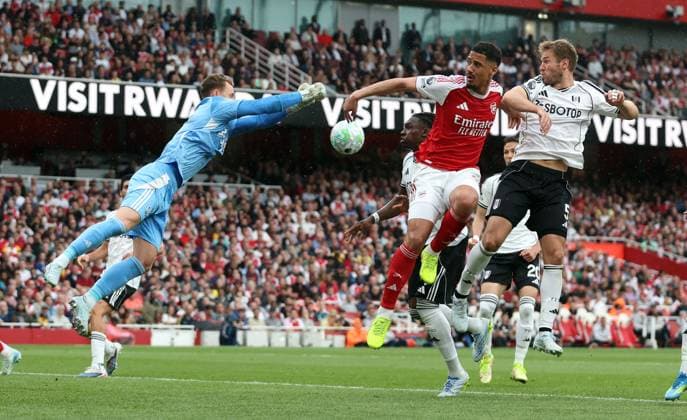 Fulham goalkeeper Bernd Leno punches clear Arsenal v Fulham, Premier League, Football, Emirates Stadium, London , UK - 02 May 2026London Emirates Stadium United Kingdom EDITORIAL USE ONLY No use with unauthorised audio, video, data, fixture lists, club league logos or live services. Online in-match use limited to 120 images, no video emulation. No use in betting, games or single club league player publications. Copyright: xKieranxMcManus Shutterstockx 16854568k