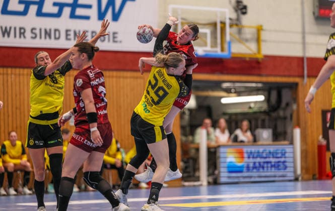 GER, Bensheim, HSG Bensheim Auerbach Flames vs Borussia Dortmund, Alsco Handball Bundesliga Frauen, Handball, DHB, Spielzeit 2025 2026, Weststadthalle Bensheim, Playoff Halbfinale, 2. Spiel im Bild v.l.: Emma Olsson (Borussia Dortmund 29), Lena Degenhardt (HSG Bensheim Auerbach Flames Frauen 8) DFB DFL REGULATIONS PROHIBIT ANY USE OF PHOTOGRAPHS AS IMAGE SEQUENCES AND OR QUASI-VIDEO, 02.05.2026 Copyright: HMBxMedia HendrikxHamelau