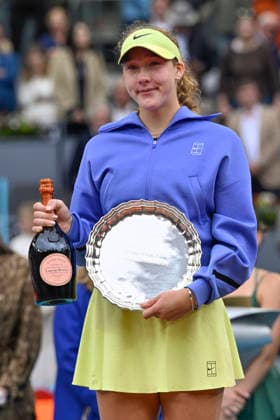 May 2, 2026, Madrid, Madrid, Spain: MIRRA ANDREEVA of Russian †WILSON posing with the second-place prize on the podium during the Mutua Madrid Open 2026, ATP, Tennis Herren Masters 1000 and WTA, Tennis Damen 1000 tennis tournament, celebrated at Caja Magica on 01 may, 2026 in Madrid, Spain. Mutua Madrid Open 2026 - Day 12 (05.01.26) - ZUMAc312 20260502_zsp_c312_011 Copyright: xOscarxManuelxSanchezx