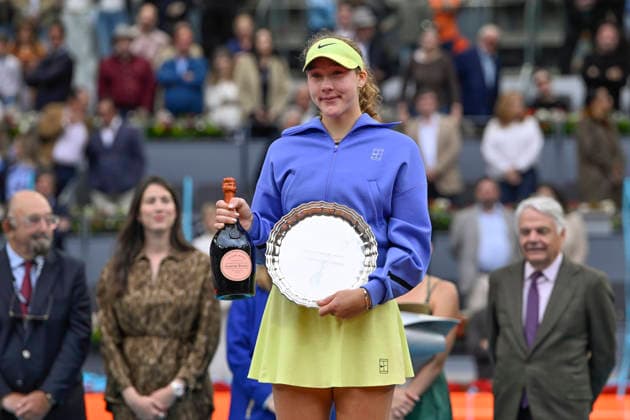 May 2, 2026, Madrid, Madrid, Spain: MIRRA ANDREEVA of Russian †WILSON posing with the second-place prize on the podium during the Mutua Madrid Open 2026, ATP, Tennis Herren Masters 1000 and WTA, Tennis Damen 1000 tennis tournament, celebrated at Caja Magica on 01 may, 2026 in Madrid, Spain. Mutua Madrid Open 2026 - Day 12 (05.01.26) - ZUMAc312 20260502_zsp_c312_012 Copyright: xOscarxManuelxSanchezx