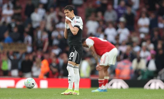 Sasa Lukic of Fulham shows a look of dejection at full time Arsenal v Fulham, Premier League, Football, Emirates Stadium, London , UK - 02 May 2026London Emirates Stadium United Kingdom EDITORIAL USE ONLY No use with unauthorised audio, video, data, fixture lists, club league logos or live services. Online in-match use limited to 120 images, no video emulation. No use in betting, games or single club league player publications. Copyright: xKieranxMcManus Shutterstockx 16854568at