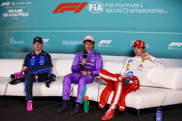 F1 - MIAMI GRAND PRIX 2026 VERSTAPPEN Max (nld), Red Bull Racing Ford RB22, portrait KIMI ANTONELLI Andrea (ita), Mercedes AMG F1 Team W16, portrait LECLERC Charles (mco), Scuderia Ferrari SF-26, portrait press conference, PK, Pressekonferenz during the Formula 1 Miami Grand Prix 2026, 4th round of the 2026 Formula One World Championship, WM, Weltmeisterschaft from May 1 to 3, 2026 on the Miami International Autodrome, in Miami Gardens, USA - Miami GardensUnited States Copyright: xXavixBonillax