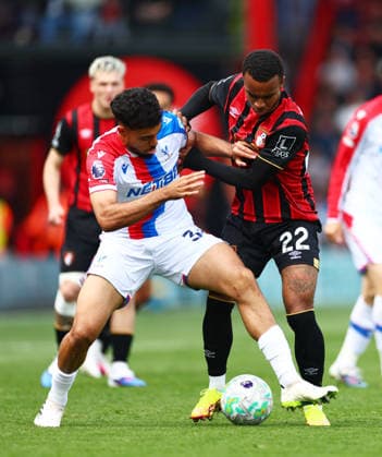 Chadi Riad of Crystal Palace and Eli Junior Kroupi of AFC Bournemouth. AFC Bournemouth v Crystal Palace, Premier League, Football, Vitality Stadium, Bournemouth , UK - 03 May 2026Bournemouth Vitality Stadium United Kingdom EDITORIAL USE ONLY No use with unauthorised audio, video, data, fixture lists, club league logos or live services. Online in-match use limited to 120 images, no video emulation. No use in betting, games or single club league player publications. Copyright: xJamesxMarsh Shutterstockx 16854586x