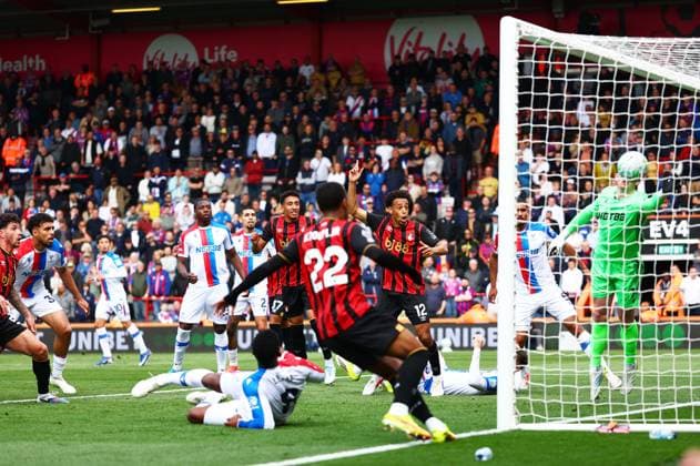 Evanilson of AFC Bournemouth has a shot before Jefferson Lerma of Crystal Palace scores an own goal to make the score 1-0. AFC Bournemouth v Crystal Palace, Premier League, Football, Vitality Stadium, Bournemouth , UK - 03 May 2026Bournemouth Vitality Stadium United Kingdom EDITORIAL USE ONLY No use with unauthorised audio, video, data, fixture lists, club league logos or live services. Online in-match use limited to 120 images, no video emulation. No use in betting, games or single club league player publications. Copyright: xJamesxMarsh Shutterstockx 16854586ai