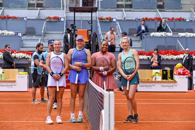 May 3, 2026, Madrid, Madrid, Spain: (L) DIANA SHNAIDER, MIRRA ANDREEVA, TAYLOR TOWNSEND and KATERINA SINIAKOVA pose for a photo during the Mutua Madrid Open 2026, ATP, Tennis Herren Masters 1000 and WTA, Tennis Damen 1000 tennis tournament, celebrated at Caja Magica on 01 may, 2026 in Madrid, Spain. Mutua Madrid Open 2026 - Day 14 (05.03.26) - ZUMAc312 20260503_zsp_c312_052 Copyright: xOscarxManuelxSanchezx