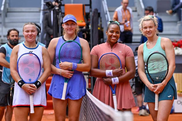 May 3, 2026, Madrid, Madrid, Spain: (L) DIANA SHNAIDER, MIRRA ANDREEVA, TAYLOR TOWNSEND and KATERINA SINIAKOVA pose for a photo during the Mutua Madrid Open 2026, ATP, Tennis Herren Masters 1000 and WTA, Tennis Damen 1000 tennis tournament, celebrated at Caja Magica on 01 may, 2026 in Madrid, Spain. Mutua Madrid Open 2026 - Day 14 (05.03.26) - ZUMAc312 20260503_zsp_c312_053 Copyright: xOscarxManuelxSanchezx