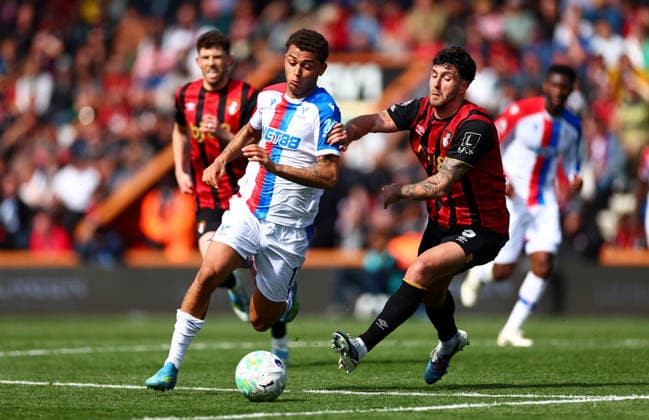 Brennan Johnson of Crystal Palace and Marcos Senesi of AFC Bournemouth. AFC Bournemouth v Crystal Palace, Premier League, Football, Vitality Stadium, Bournemouth , UK - 03 May 2026Bournemouth Vitality Stadium United Kingdom EDITORIAL USE ONLY No use with unauthorised audio, video, data, fixture lists, club league logos or live services. Online in-match use limited to 120 images, no video emulation. No use in betting, games or single club league player publications. Copyright: xJamesxMarsh Shutterstockx 16854586ch