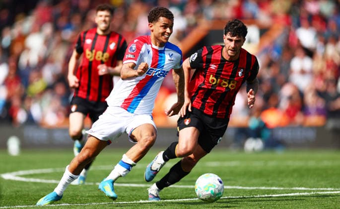 Brennan Johnson of Crystal Palace and Marcos Senesi of AFC Bournemouth. AFC Bournemouth v Crystal Palace, Premier League, Football, Vitality Stadium, Bournemouth , UK - 03 May 2026Bournemouth Vitality Stadium United Kingdom EDITORIAL USE ONLY No use with unauthorised audio, video, data, fixture lists, club league logos or live services. Online in-match use limited to 120 images, no video emulation. No use in betting, games or single club league player publications. Copyright: xJamesxMarsh Shutterstockx 16854586ci