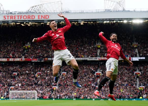 Manchester, England, 3rd May 2026. Benjamin Sesko of Manchester United, ManU (l) celebrates scoring the second goal with Matheus Cunha of Manchester United (r) during the Manchester United vs Liverpool Premier League match at Old Trafford, Manchester. Picture credit should read: Andrew Yates Sportimage EDITORIAL USE ONLY. No use with unauthorised audio, video, data, fixture lists, club league logos or live services. Online in-match use limited to 120 images, no video emulation. No use in betting, games or single club league player publications. SPI_040_AY_MAN_UTD_LIVERPOOL SPI-4776-0039