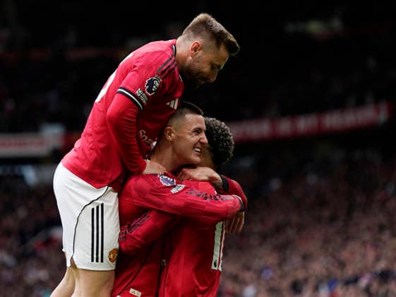 Manchester, England, 3rd May 2026. Benjamin Sesko of Manchester United, ManU celebrates scoring the second goal during the Manchester United vs Liverpool Premier League match at Old Trafford, Manchester. Picture credit should read: Andrew Yates Sportimage EDITORIAL USE ONLY. No use with unauthorised audio, video, data, fixture lists, club league logos or live services. Online in-match use limited to 120 images, no video emulation. No use in betting, games or single club league player publications. SPI_043_AY_MAN_UTD_LIVERPOOL SPI-4776-0042