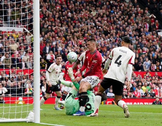 Manchester, England, 3rd May 2026. Benjamin Sesko of Manchester United, ManU scoring the second goal during the Manchester United vs Liverpool Premier League match at Old Trafford, Manchester. Picture credit should read: Andrew Yates Sportimage EDITORIAL USE ONLY. No use with unauthorised audio, video, data, fixture lists, club league logos or live services. Online in-match use limited to 120 images, no video emulation. No use in betting, games or single club league player publications. SPI_049_AY_MAN_UTD_LIVERPOOL SPI-4776-0051