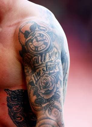 The tattoos of Marcos Senesi of AFC Bournemouth. AFC Bournemouth v Crystal Palace, Premier League, Football, Vitality Stadium, Bournemouth , UK - 03 May 2026Bournemouth Vitality Stadium United Kingdom EDITORIAL USE ONLY No use with unauthorised audio, video, data, fixture lists, club league logos or live services. Online in-match use limited to 120 images, no video emulation. No use in betting, games or single club league player publications. Copyright: xJamesxMarsh Shutterstockx 16854586ct