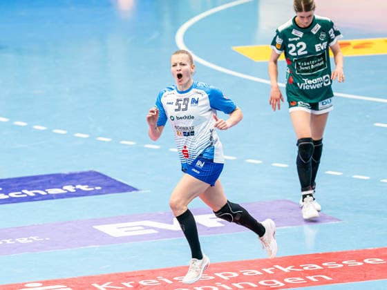 Antje Doell Union Neckarsulm, 59) jubelt laiutstark, Frisch Auf Goeppingen vs. Sport-Union Neckarsulm, Handball, 1. Bundesliga, Spielzeit 2025 2026, 03.05.2026 Frisch Auf Goeppingen vs. Sport-Union Neckarsulm, Handball, 1. Bundesliga, Spielzeit 2025 2026, 03.05.2026 Goeppingen Copyright: xMichaelxSchmidt Eibner-Pressefotx EP_MST
