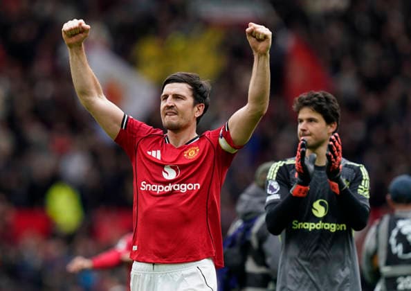 Manchester, England, 3rd May 2026. Harry Maguire of Manchester Unitedcelebrates the win during the Manchester United, ManU vs Liverpool Premier League match at Old Trafford, Manchester. Picture credit should read: Andrew Yates Sportimage EDITORIAL USE ONLY. No use with unauthorised audio, video, data, fixture lists, club league logos or live services. Online in-match use limited to 120 images, no video emulation. No use in betting, games or single club league player publications. SPI_115_AY_MAN_UTD_LIVERPOOL SPI-4776-0114