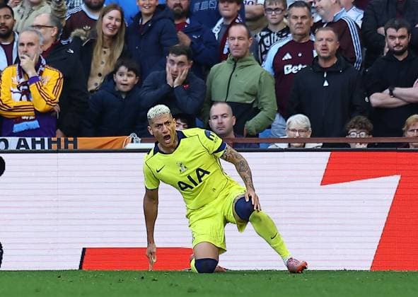 Richarlison of Tottenham Hotspur celebrates scoring their sides second goal Aston Villa v Tottenham Hotspur, Premier League, Football, Villa Park, Birmingham , UK - 03 May 2026Birmingham Villa Park United Kingdom EDITORIAL USE ONLY No use with unauthorised audio, video, data, fixture lists, club league logos or live services. Online in-match use limited to 120 images, no video emulation. No use in betting, games or single club league player publications. Copyright: xMichaelxZemanek Shutterstockx 16854596ag
