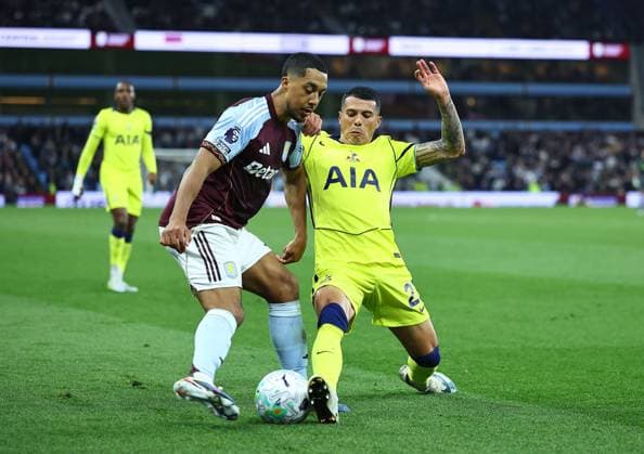 Pedro Porro of Tottenham Hotspur blocks a pass from Youri Tielemans of Aston Villa Aston Villa v Tottenham Hotspur, Premier League, Football, Villa Park, Birmingham , UK - 03 May 2026Birmingham Villa Park United Kingdom EDITORIAL USE ONLY No use with unauthorised audio, video, data, fixture lists, club league logos or live services. Online in-match use limited to 120 images, no video emulation. No use in betting, games or single club league player publications. Copyright: xMichaelxZemanek Shutterstockx 16854596bt