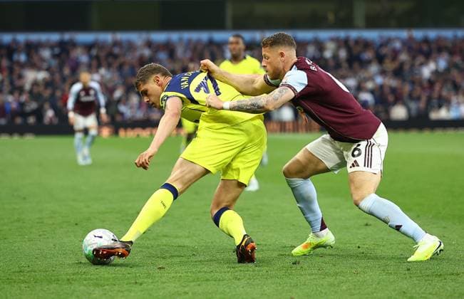 Micky van de Ven of Tottenham Hotspur competes for the ball with Ross Barkley of Aston Villa Aston Villa v Tottenham Hotspur, Premier League, Football, Villa Park, Birmingham , UK - 03 May 2026Birmingham Villa Park United Kingdom EDITORIAL USE ONLY No use with unauthorised audio, video, data, fixture lists, club league logos or live services. Online in-match use limited to 120 images, no video emulation. No use in betting, games or single club league player publications. Copyright: xMichaelxZemanek Shutterstockx 16854596bw