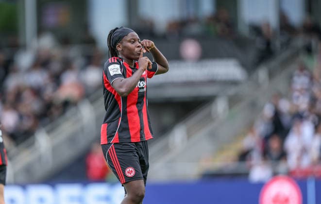 GER, Frankfurt, Eintracht Frankfurt vs FC Nürnberg, Google Pixel Bundesliga, Fussball, DFB, Spielzeit 2025 2026, Stadion am Brentanobad, 24. Spieltag im Bild: Nicole Anyomi (Eintracht Frankfurt Frauen 19) erzielt das 1:0, Tor, Jubel und Freude, Emotionen DFB DFL REGULATIONS PROHIBIT ANY USE OF PHOTOGRAPHS AS IMAGE SEQUENCES AND OR QUASI-VIDEO, 04.05.2026 Copyright: HMBxMedia HendrikxHamelau