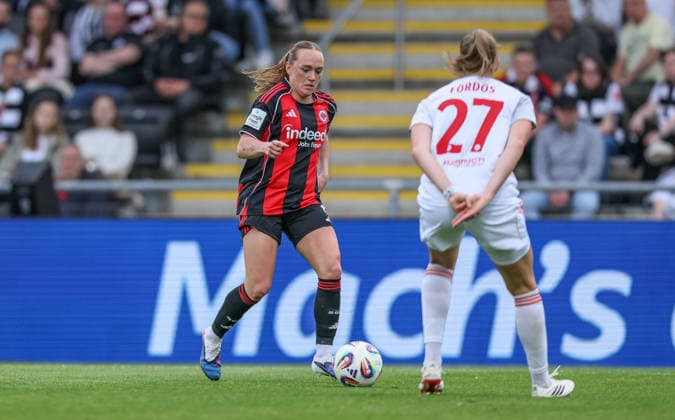 GER, Frankfurt, Eintracht Frankfurt vs FC Nürnberg, Google Pixel Bundesliga, Fussball, DFB, Spielzeit 2025 2026, Stadion am Brentanobad, 24. Spieltag im Bild v.l.: Lisanne Gräwe (Eintracht Frankfurt Frauen 8), Beatrix Fördös (1. FC Nürnberg Frauen 27) DFB DFL REGULATIONS PROHIBIT ANY USE OF PHOTOGRAPHS AS IMAGE SEQUENCES AND OR QUASI-VIDEO, 04.05.2026 Copyright: HMBxMedia HendrikxHamelau